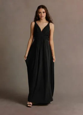 A-line deep V-neck sleeveless off shoulder and floor length evening gowns