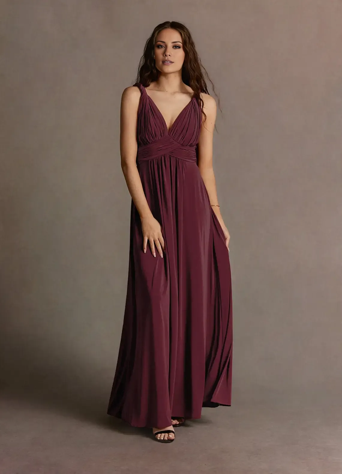 A-line deep V-neck sleeveless off shoulder and floor length evening gowns