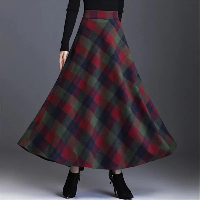 A-Line Wool Tartan Skirt with England Style Midi-Length