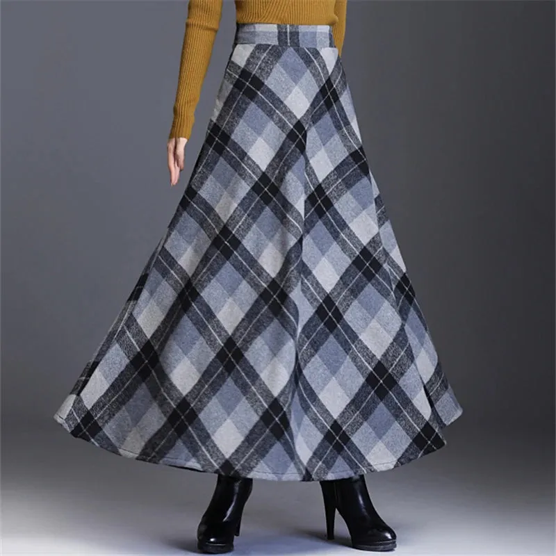 A-Line Wool Tartan Skirt with England Style Midi-Length