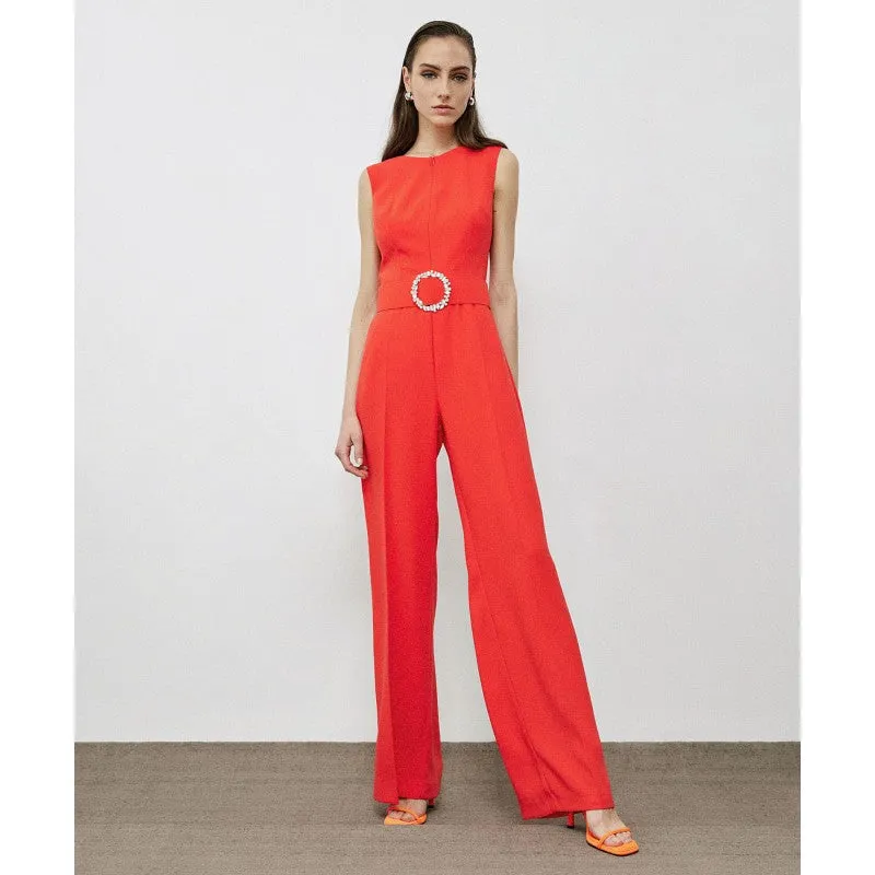 Access Orange Sleeveless Jumpsuit With Zipper At Neckline