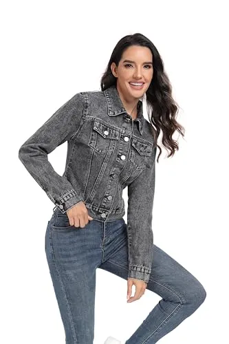 andy & natalie Women's Denim Jackets Oversize Long Sleeve Basic Button Down Crop Jean Jacket with Pockets