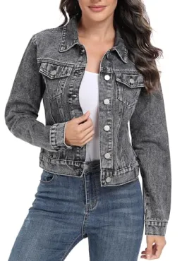 andy & natalie Women's Denim Jackets Oversize Long Sleeve Basic Button Down Crop Jean Jacket with Pockets