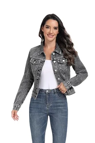 andy & natalie Women's Denim Jackets Oversize Long Sleeve Basic Button Down Crop Jean Jacket with Pockets