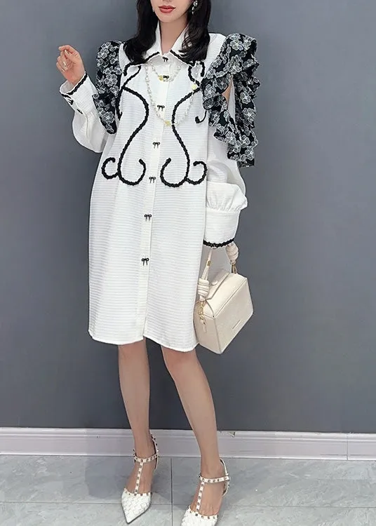 Beautiful White Peter Pan Collar Print Button Maxi Shirts Dresses Puff Sleeve LY4315