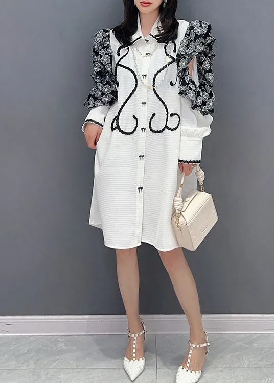 Beautiful White Peter Pan Collar Print Button Maxi Shirts Dresses Puff Sleeve LY4315