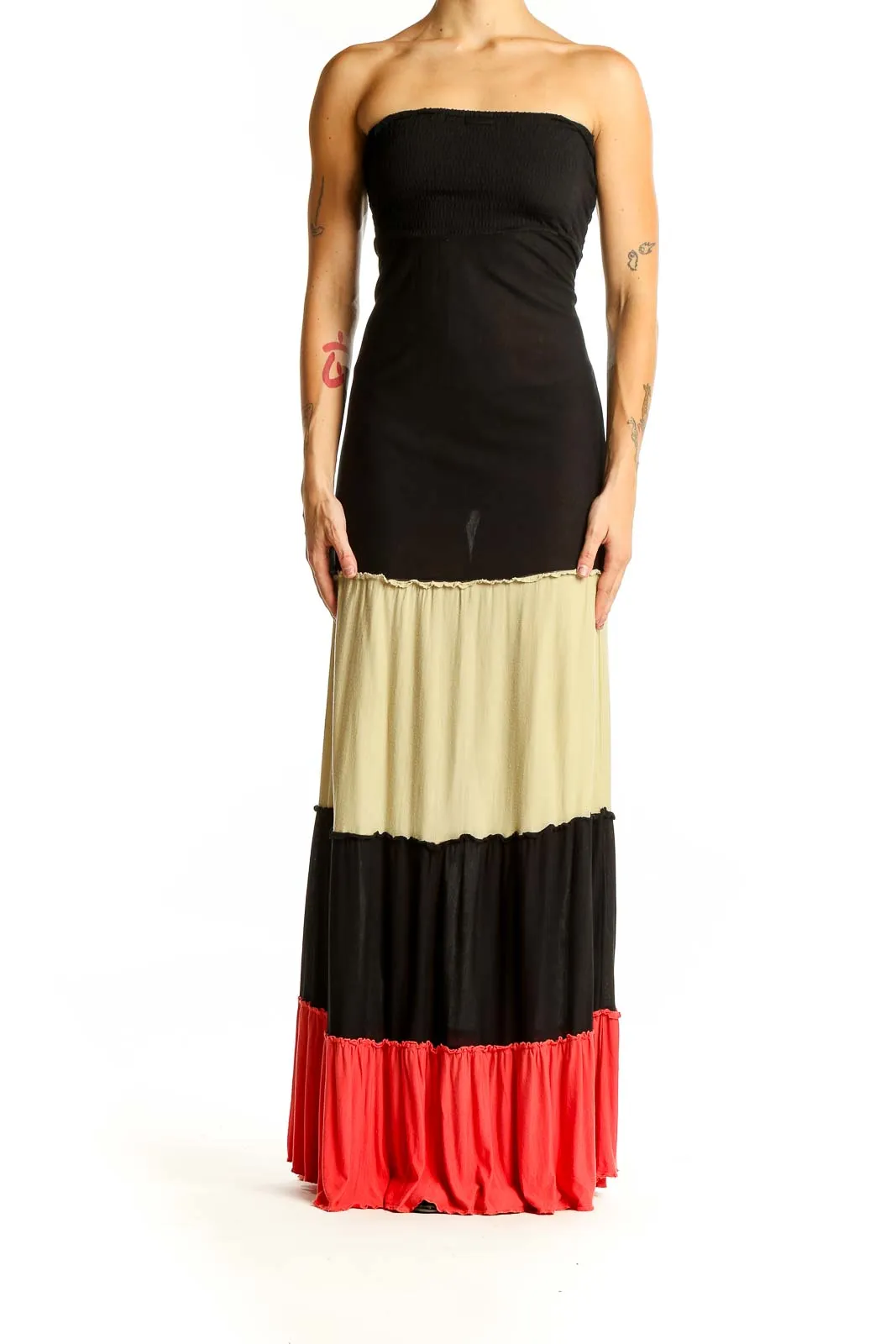 Black Colorblock Strapless Maxi Dress