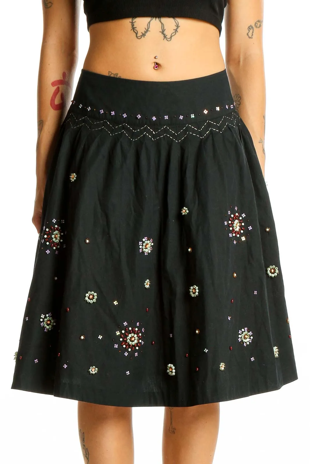 Black Embellished Cotton A-Line Skirt