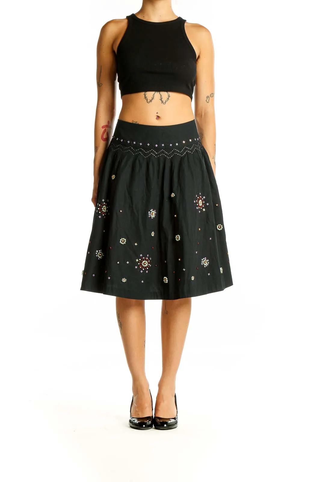 Black Embellished Cotton A-Line Skirt