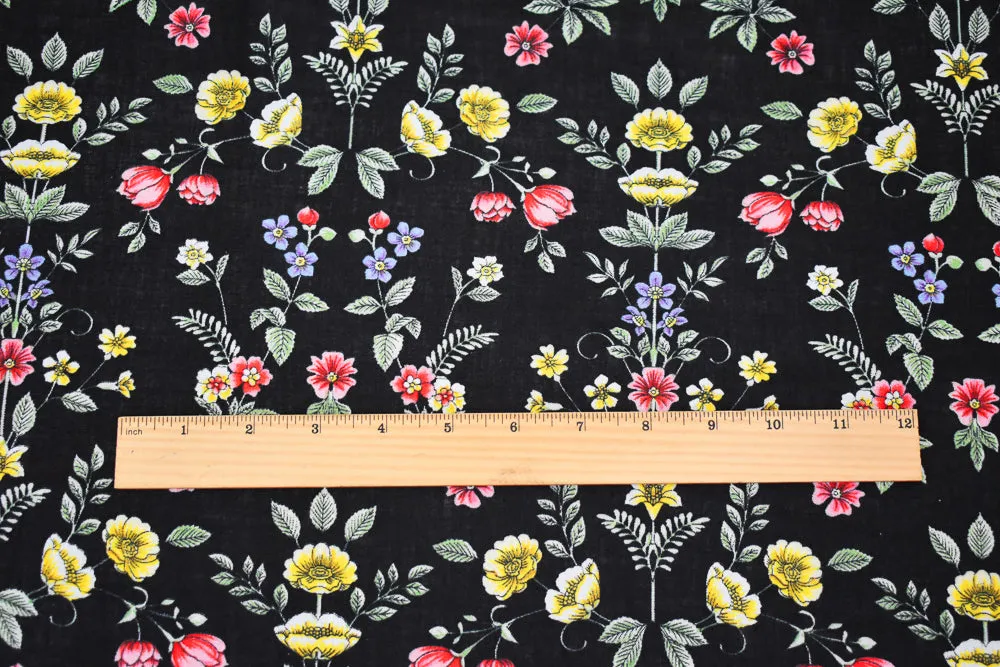 Black-Red-Blue-Multi Floral Printed Linen Woven Fabric