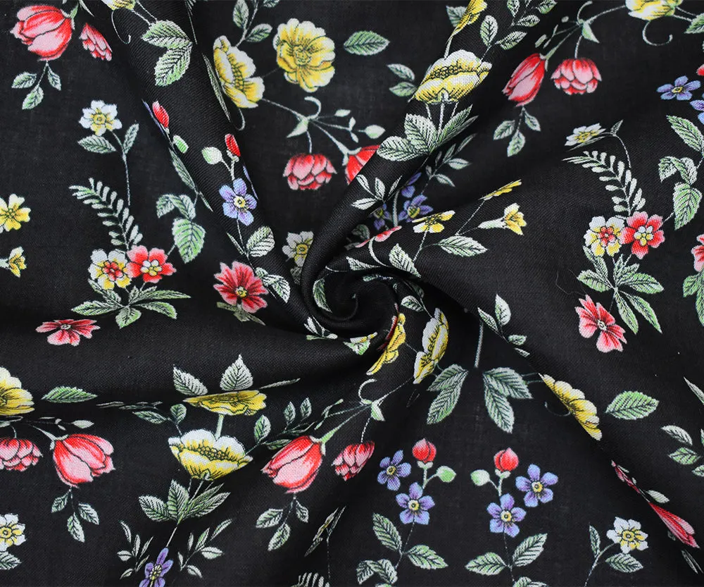 Black-Red-Blue-Multi Floral Printed Linen Woven Fabric