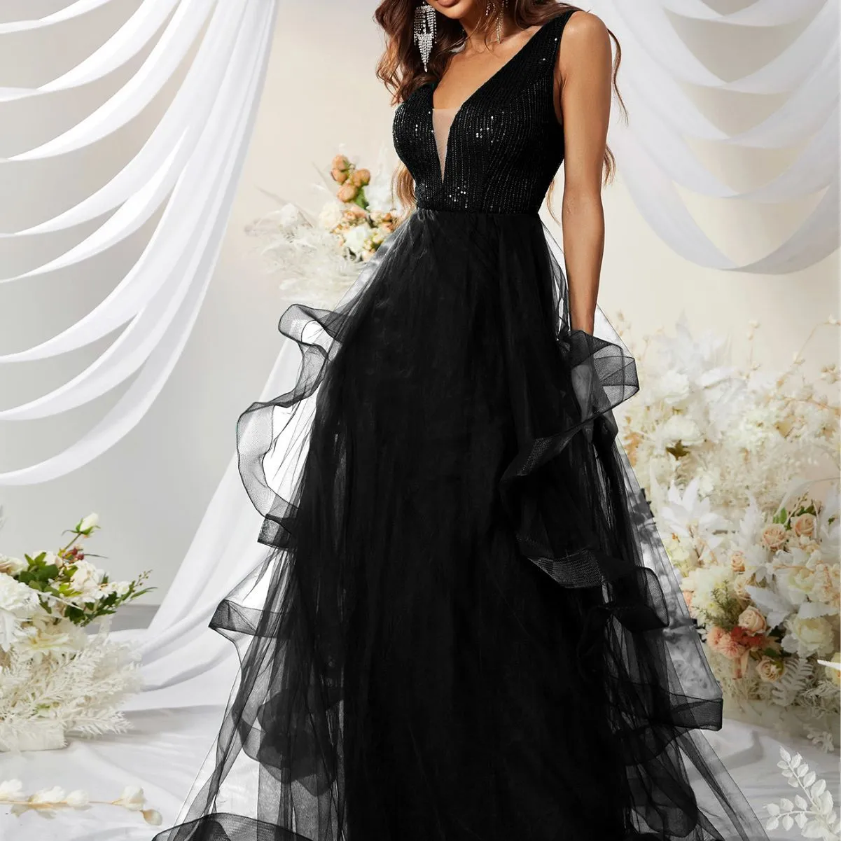 Black Sequined V Neck Gown