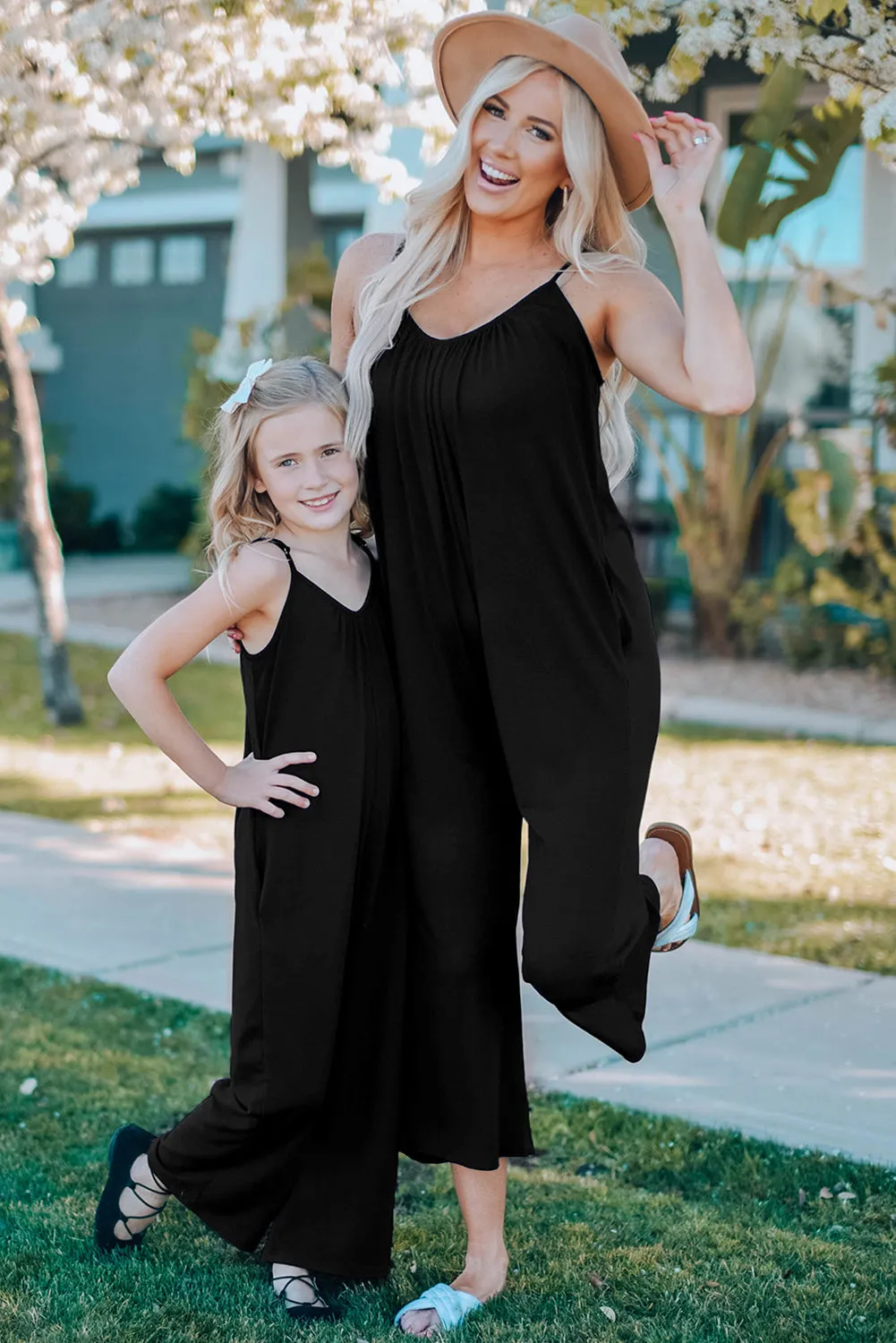 Black Spaghetti Straps Wide Leg Pocketed Jumpsuits