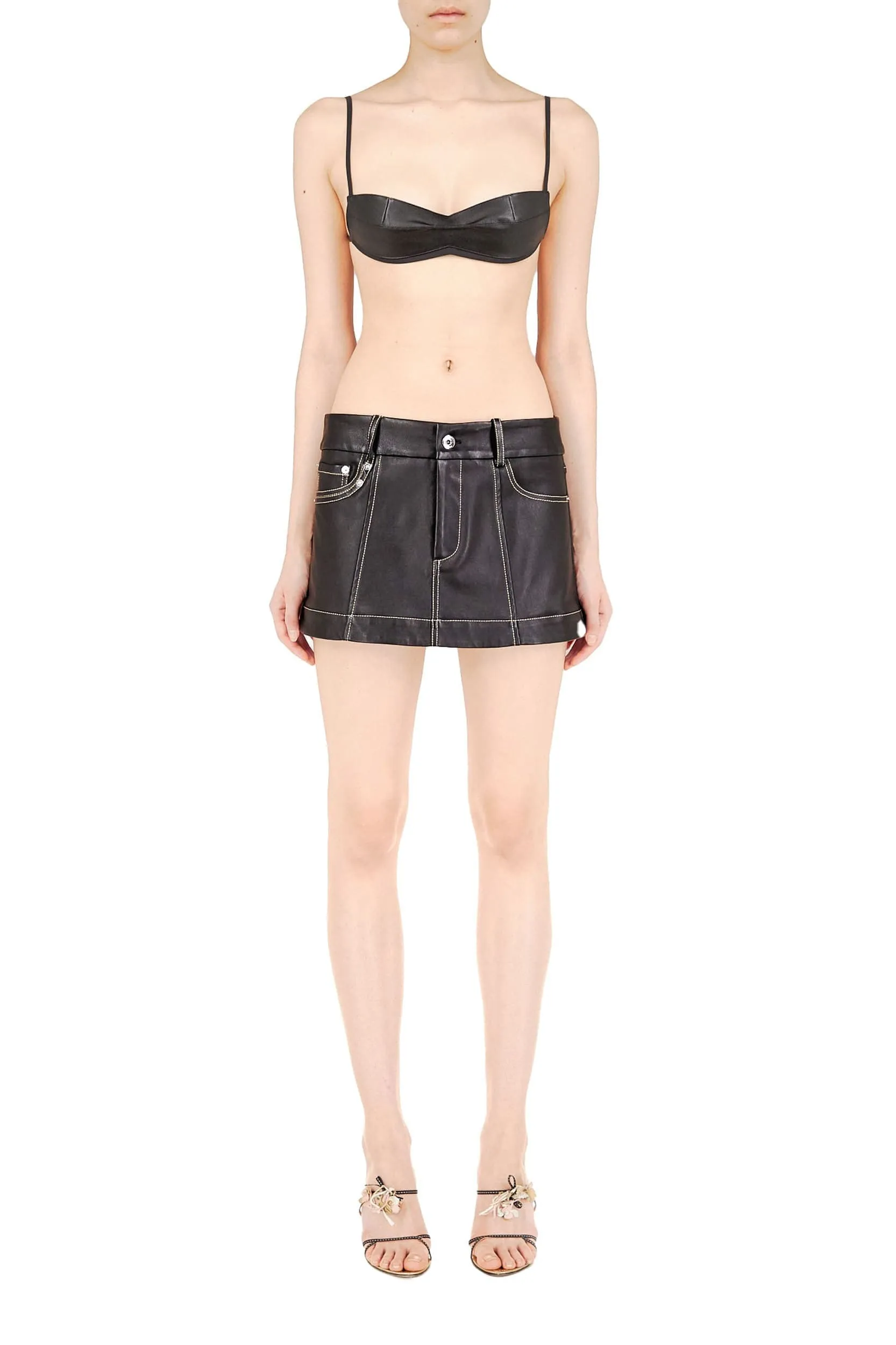 Black Stretch Leather A-Line Mini Skirt