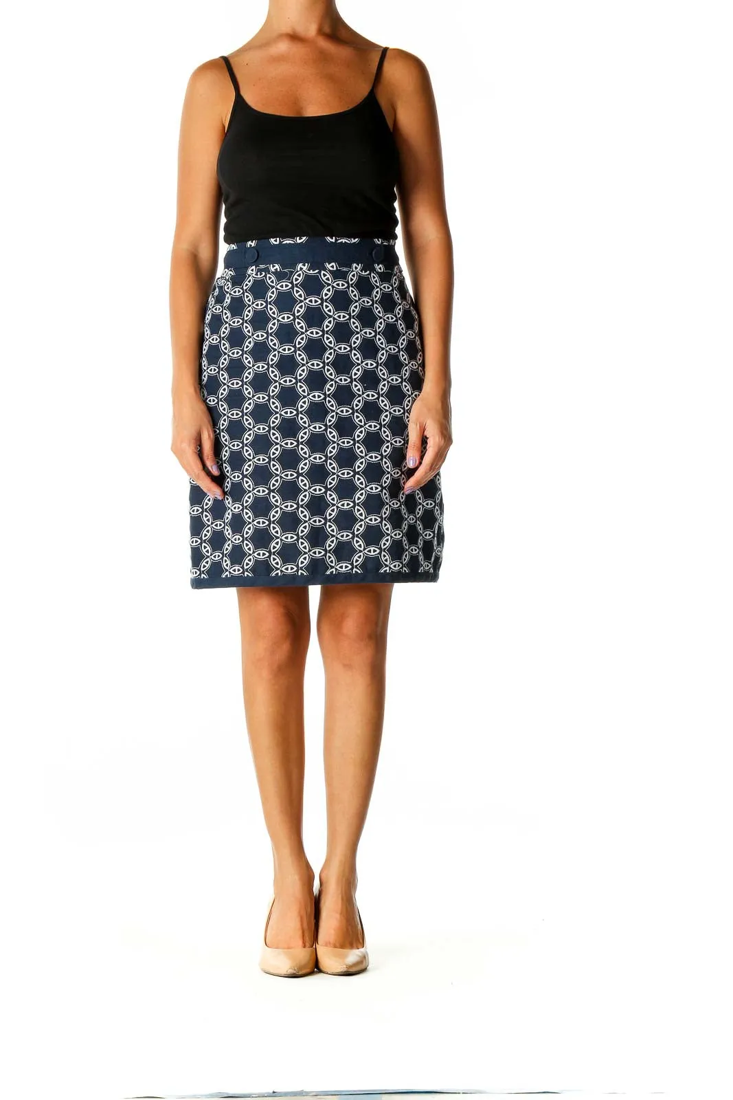 Blue Printed Casual Straight Skirt