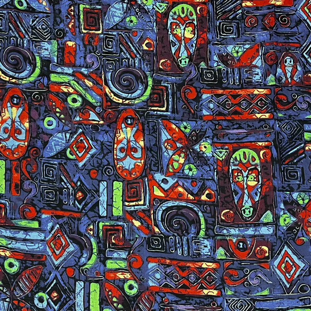 Blue-Red-Multi Abstract Geometry Art Pattern Printed Linen Woven Fabric