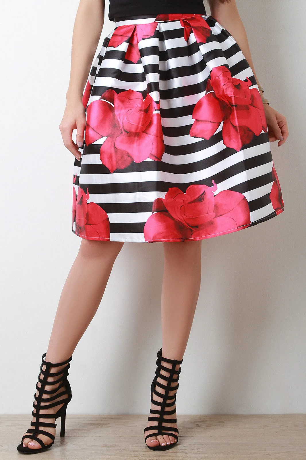 Bold Striped Floral Print Pleated Skirt