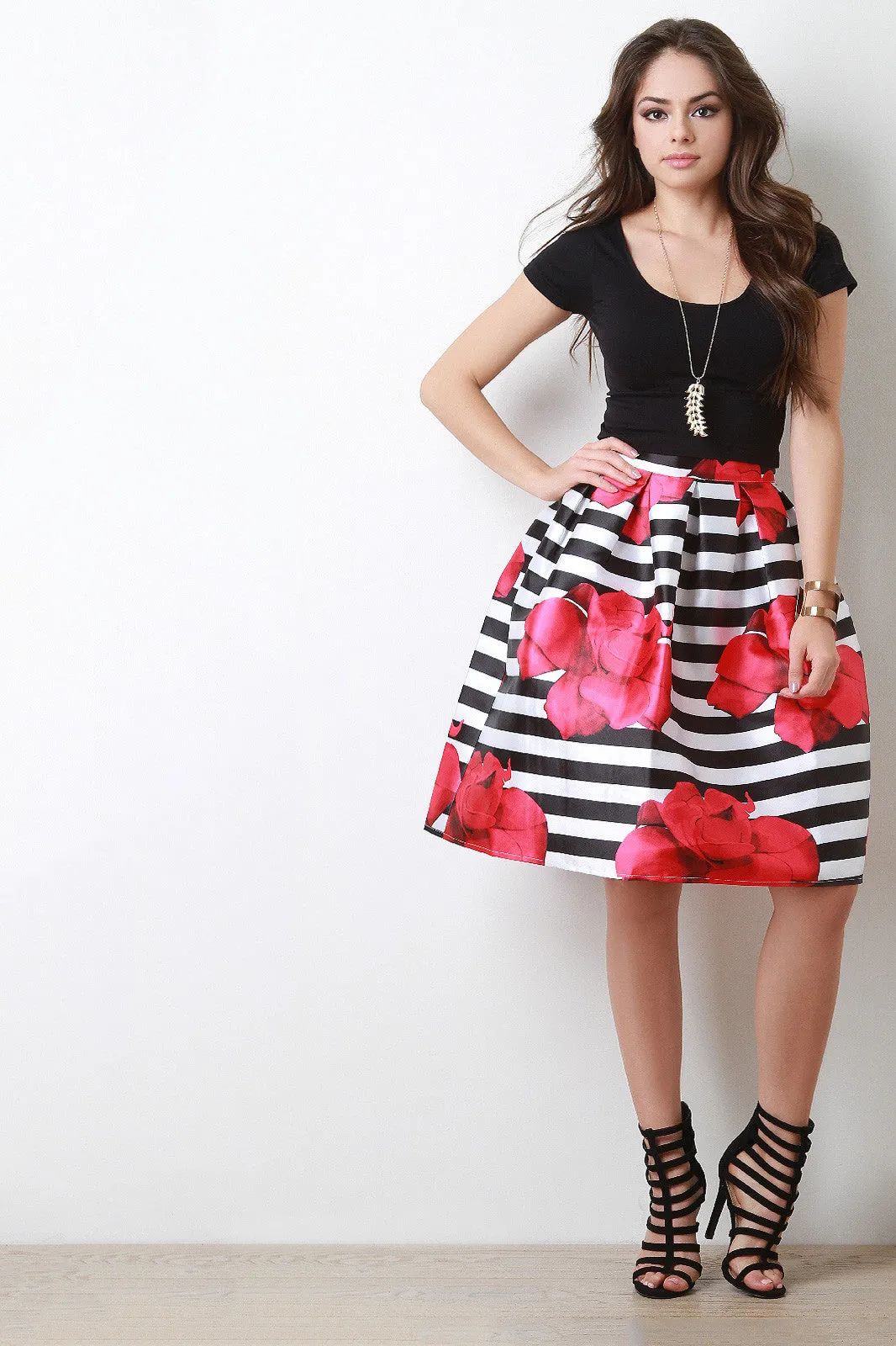 Bold Striped Floral Print Pleated Skirt