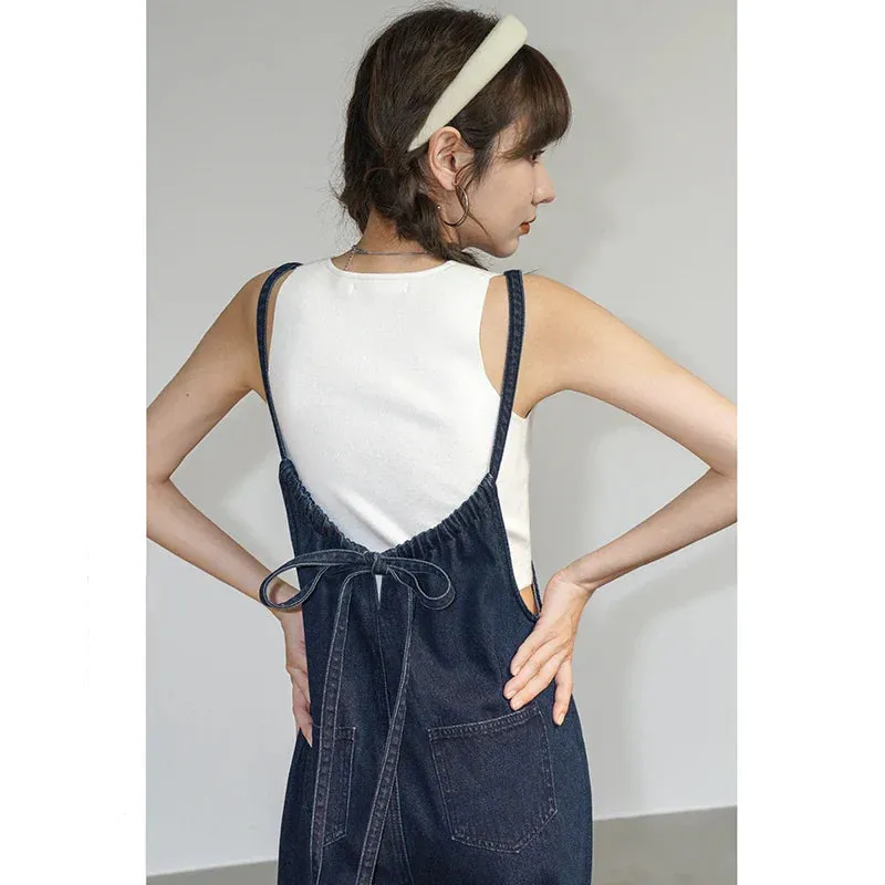 Bonnyshow Overalls Women Streetwear Jumpsuits Vintage Sweet Wide Leg Suspender Pants Preppy Bow Bandage Strap Jeans Trousers