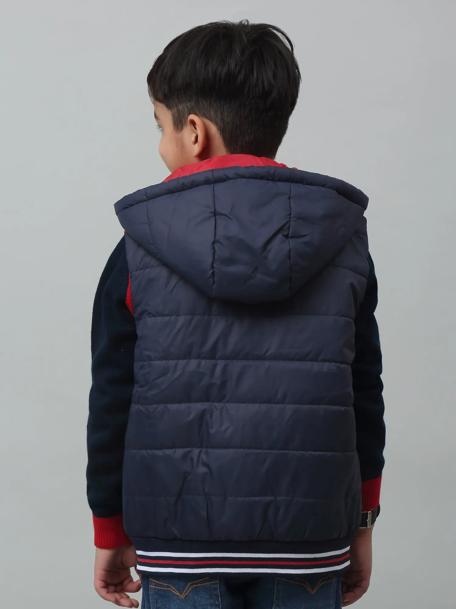 Boys Navy Blue Hooded Neck Colour Blocked Casual Jacket For Winter