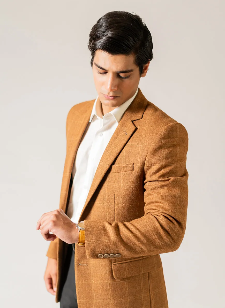 Brown Windowpane Checks Worsted Tweed Classic Blazer