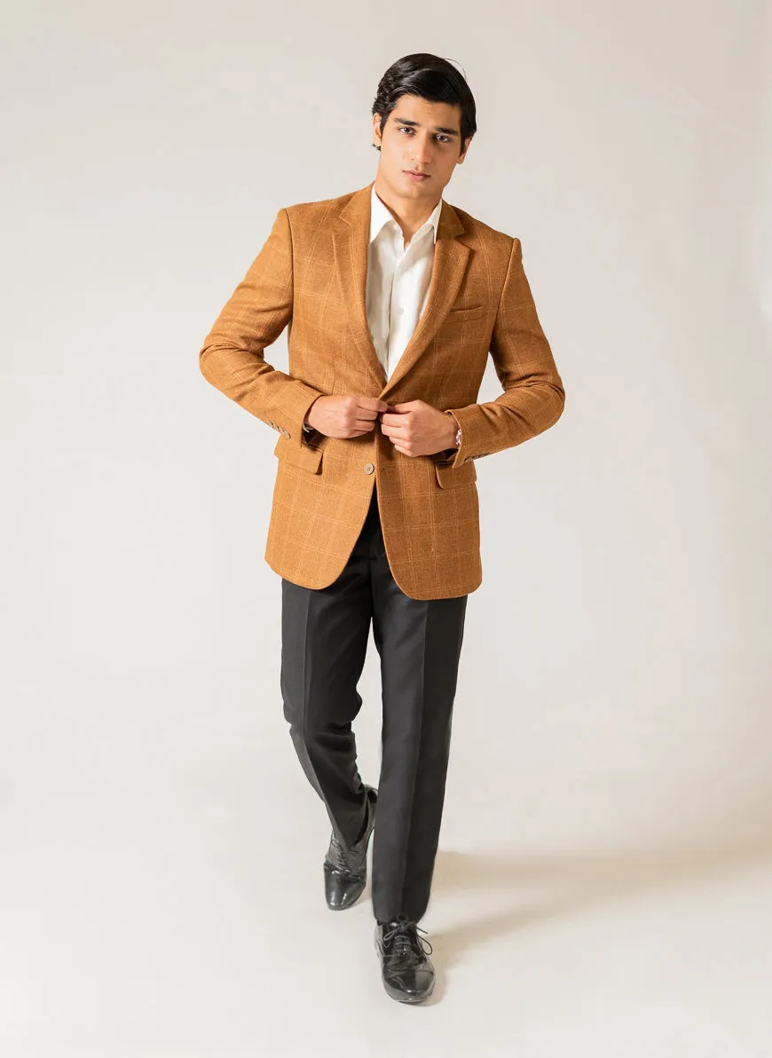 Brown Windowpane Checks Worsted Tweed Classic Blazer