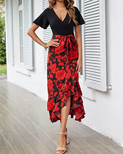 BTFBM Women Summer Long Dresses 2023 Short Sleeve V Neck Boho Floral Print Tie Waist High Low Ruffle Cocktail Maxi Dress(Big Floral Black Red, Medium)