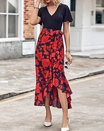 BTFBM Women Summer Long Dresses 2023 Short Sleeve V Neck Boho Floral Print Tie Waist High Low Ruffle Cocktail Maxi Dress(Big Floral Black Red, Medium)