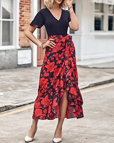 BTFBM Women Summer Long Dresses 2023 Short Sleeve V Neck Boho Floral Print Tie Waist High Low Ruffle Cocktail Maxi Dress(Big Floral Black Red, Medium)