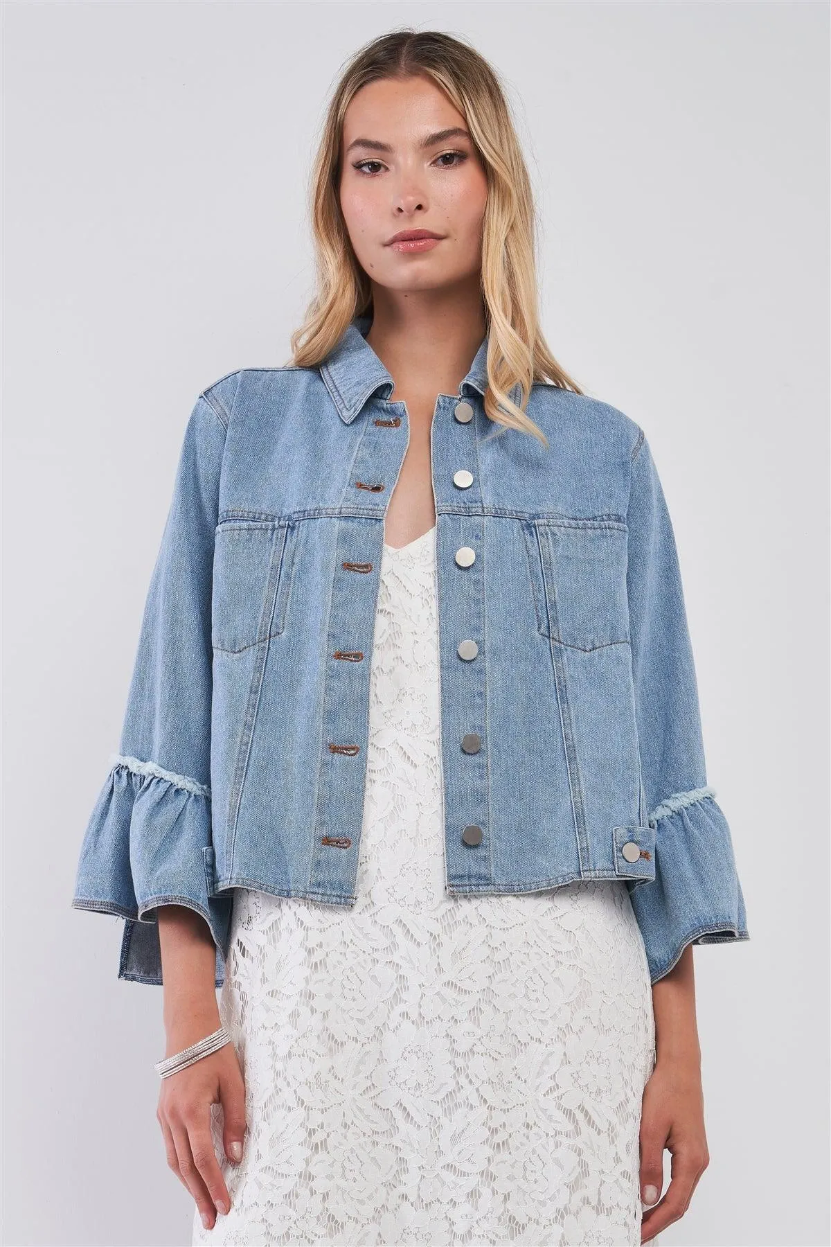 Button Up Ruffle Sleeve Detail Denim Jacket