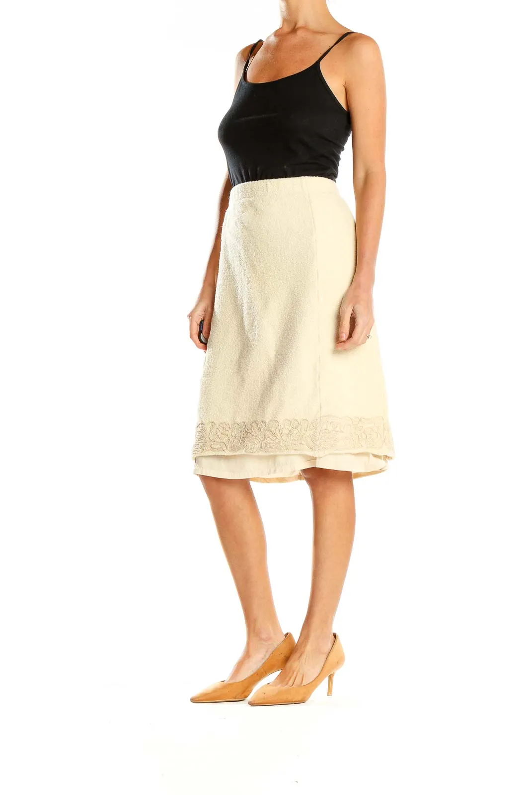 Cream Layered Lace-Trim A-Line Skirt