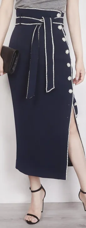 Crystal Button Embellished Skirt - Navy Blue or White