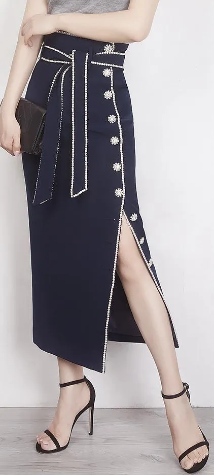 Crystal Button Embellished Skirt - Navy Blue or White