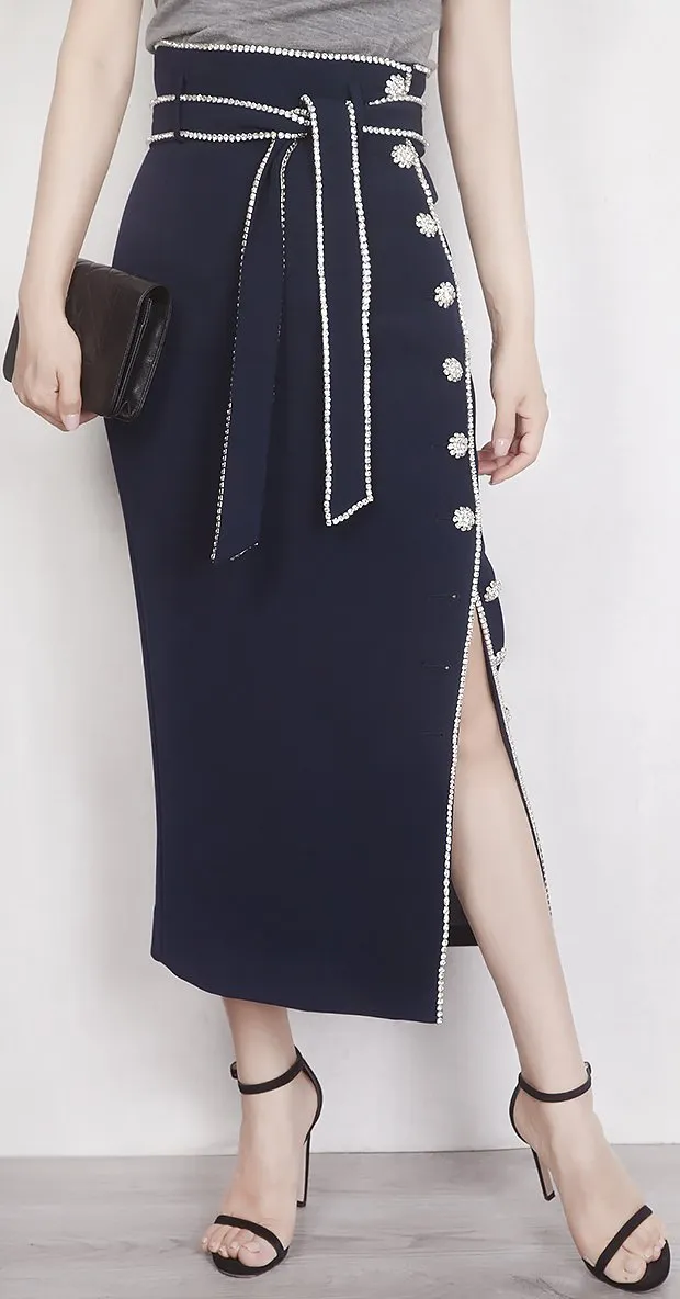 Crystal Button Embellished Skirt - Navy Blue or White