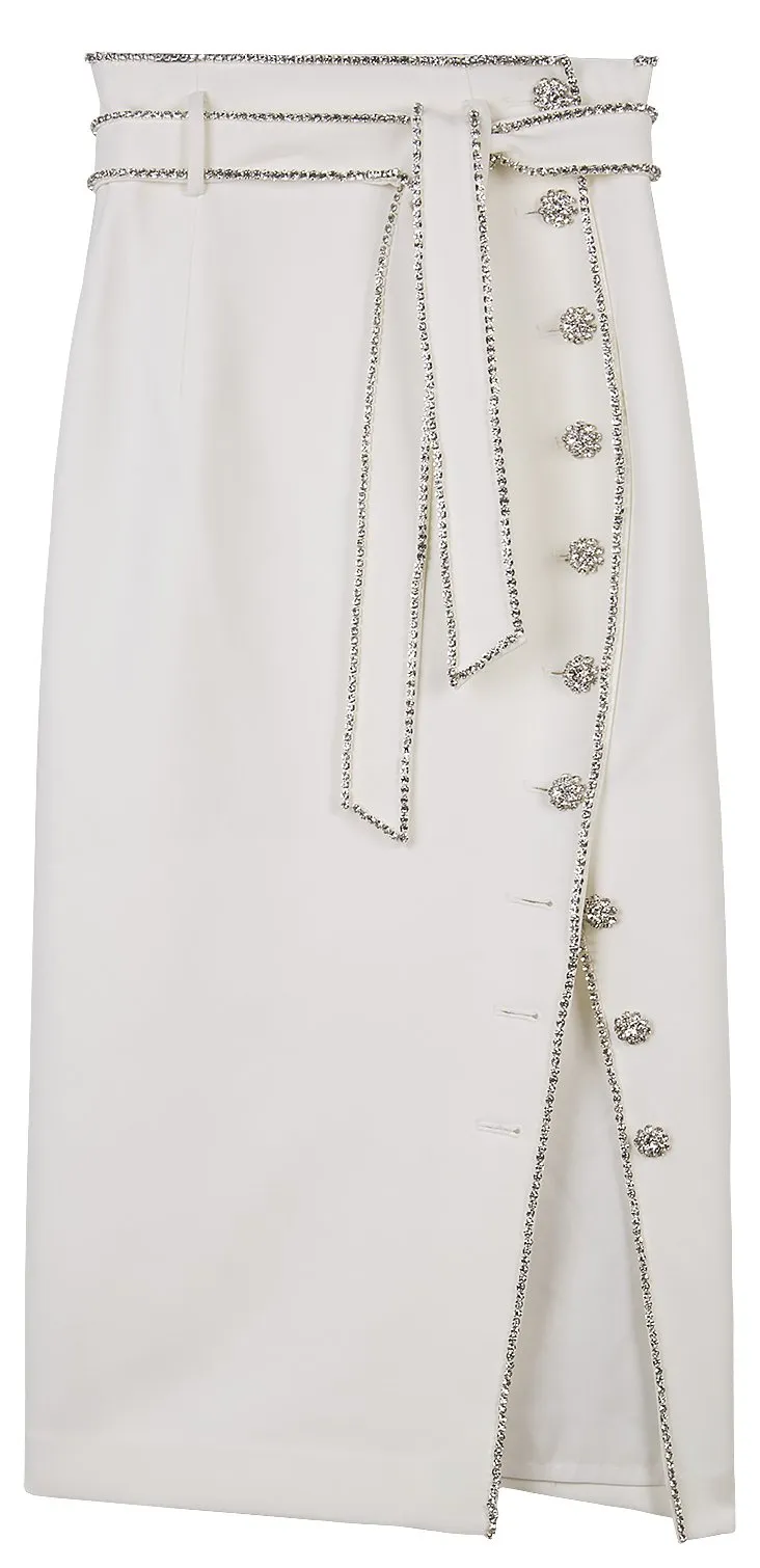 Crystal Button Embellished Skirt - Navy Blue or White