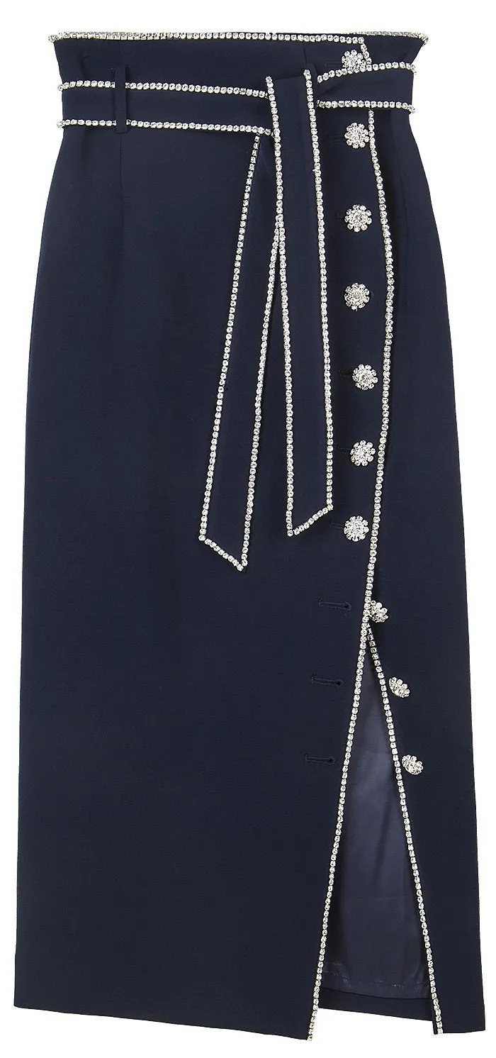 Crystal Button Embellished Skirt - Navy Blue or White