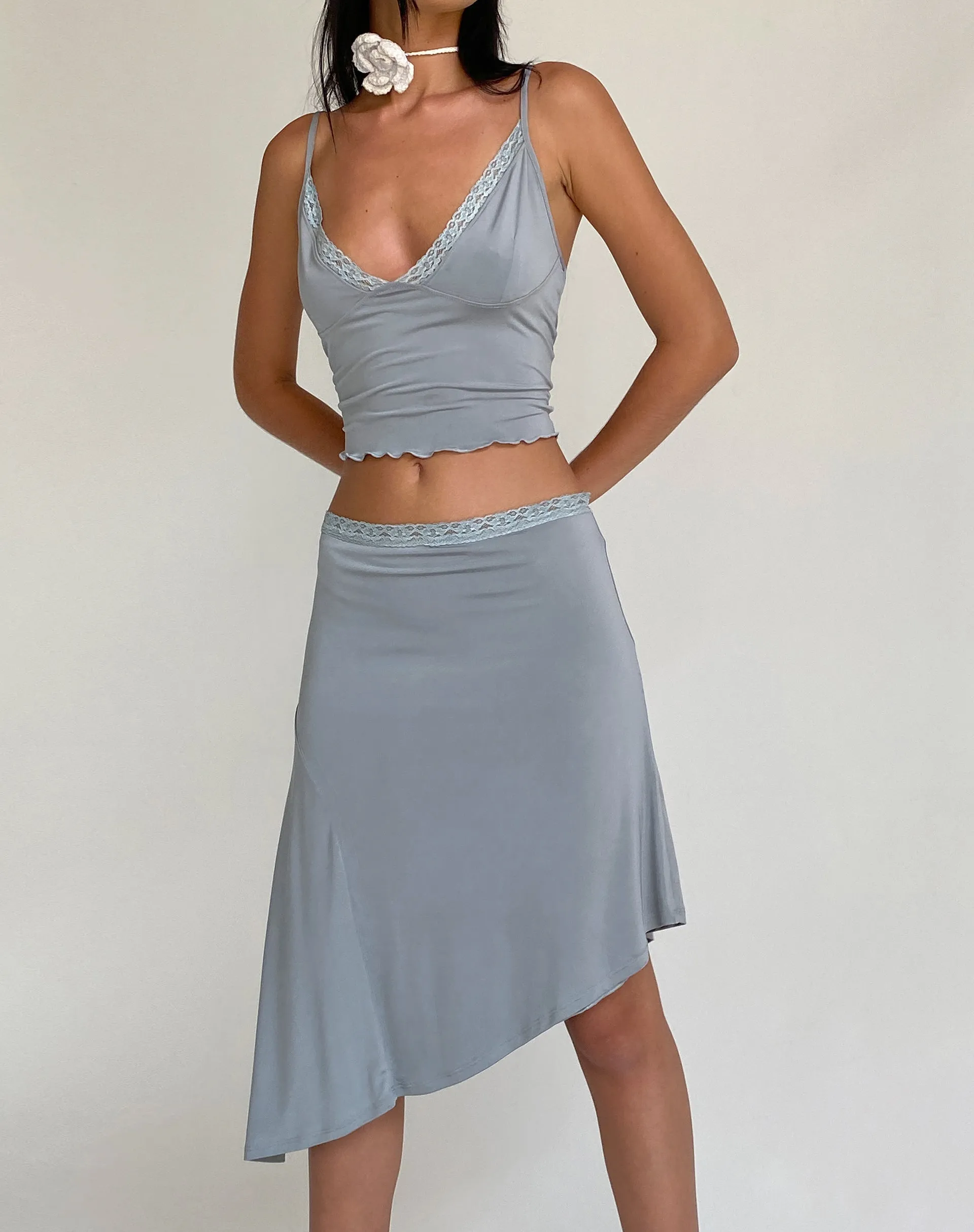 Drew Asymmetric Midi Skirt in Slinky Grey