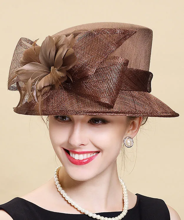 Elegant Brown Bow Feather Linen Bucket Hat YU1009