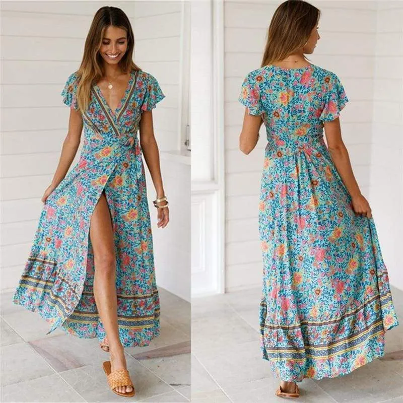 FashionSierra - Holiday Long Dress Women's Boho Dresses Lady Boho Floral V-neck Long Maxi Dress Summer Beachwear Sundress