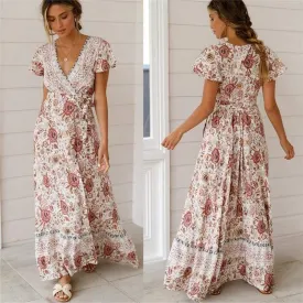 FashionSierra - Holiday Long Dress Women's Boho Dresses Lady Boho Floral V-neck Long Maxi Dress Summer Beachwear Sundress