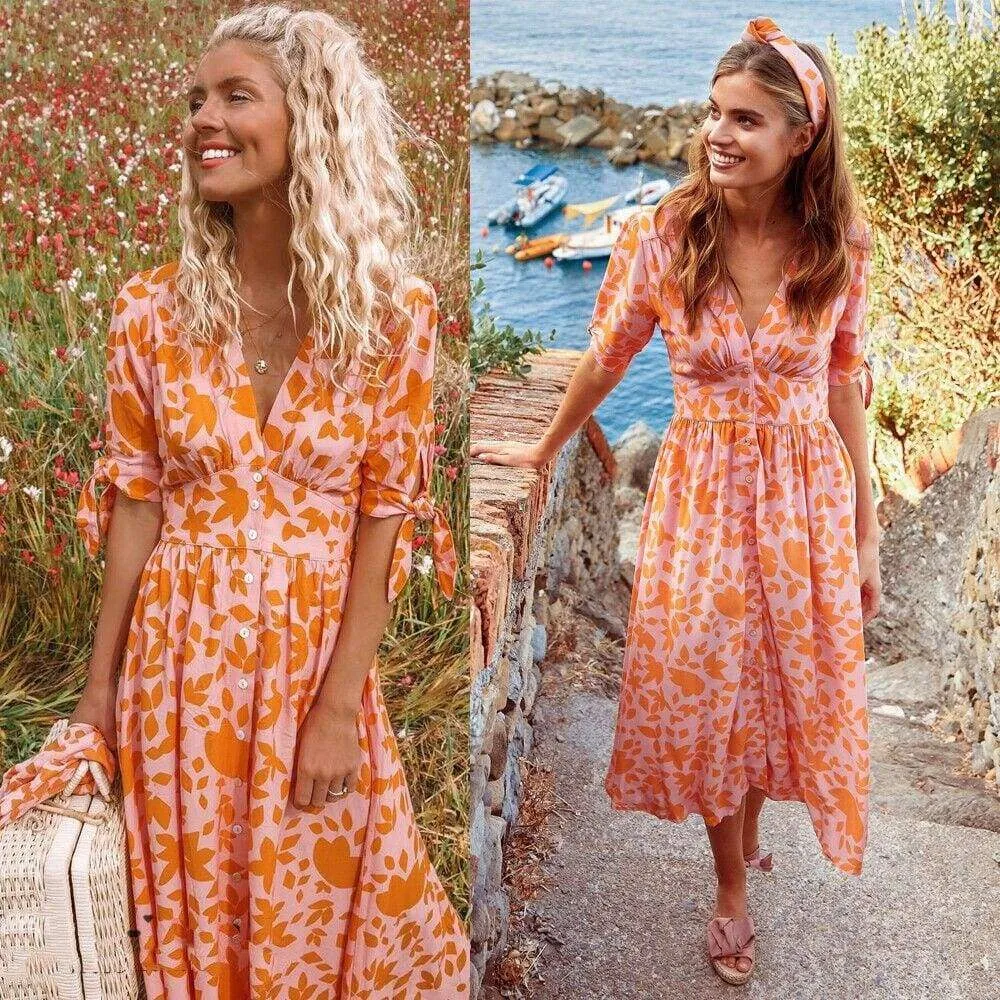 FashionSierra - New Women Sweet Boho Floral Maxi Dress Summer Retro Short Sleeve Draped Bandage Dresses Lady Party Beach Sundress Vestidos