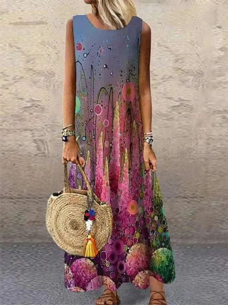 Floral Printed Sleeveless Casual Wholesale Maxi Dresses Round Neck Vacation Dresses