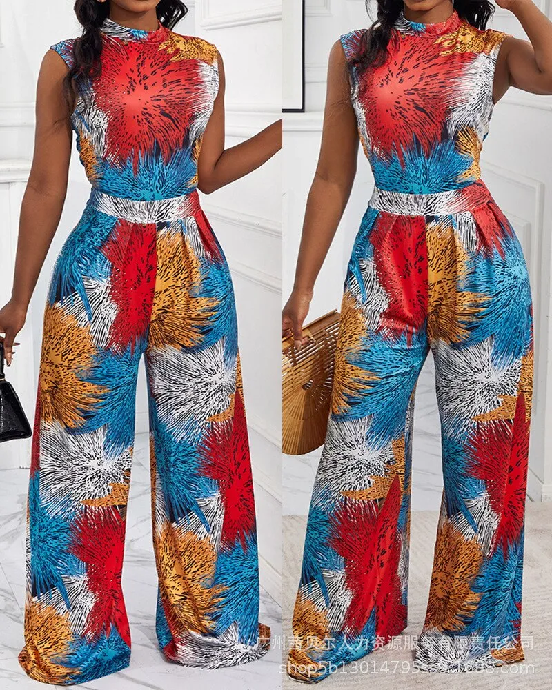 Geometric Print Sleeveless Wide Leg Jumpsuit Women Spring Summer O Neck High Waist Loose Pants Jumpsuits Overall