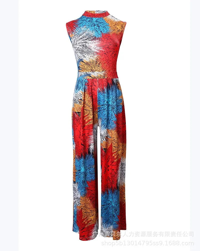 Geometric Print Sleeveless Wide Leg Jumpsuit Women Spring Summer O Neck High Waist Loose Pants Jumpsuits Overall