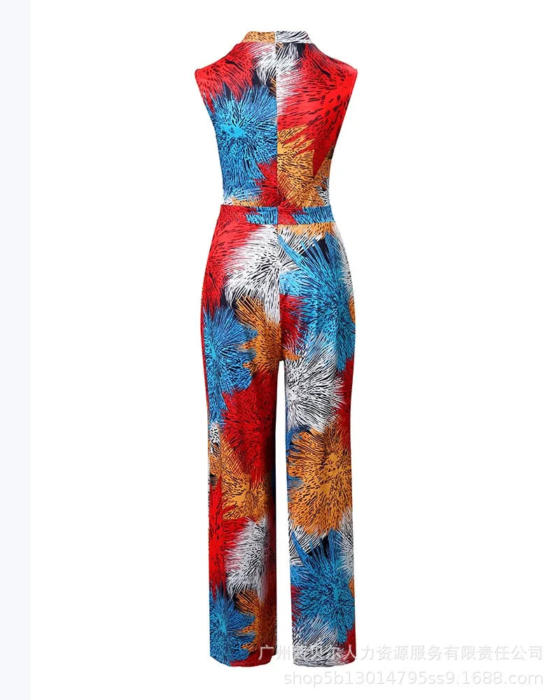 Geometric Print Sleeveless Wide Leg Jumpsuit Women Spring Summer O Neck High Waist Loose Pants Jumpsuits Overall