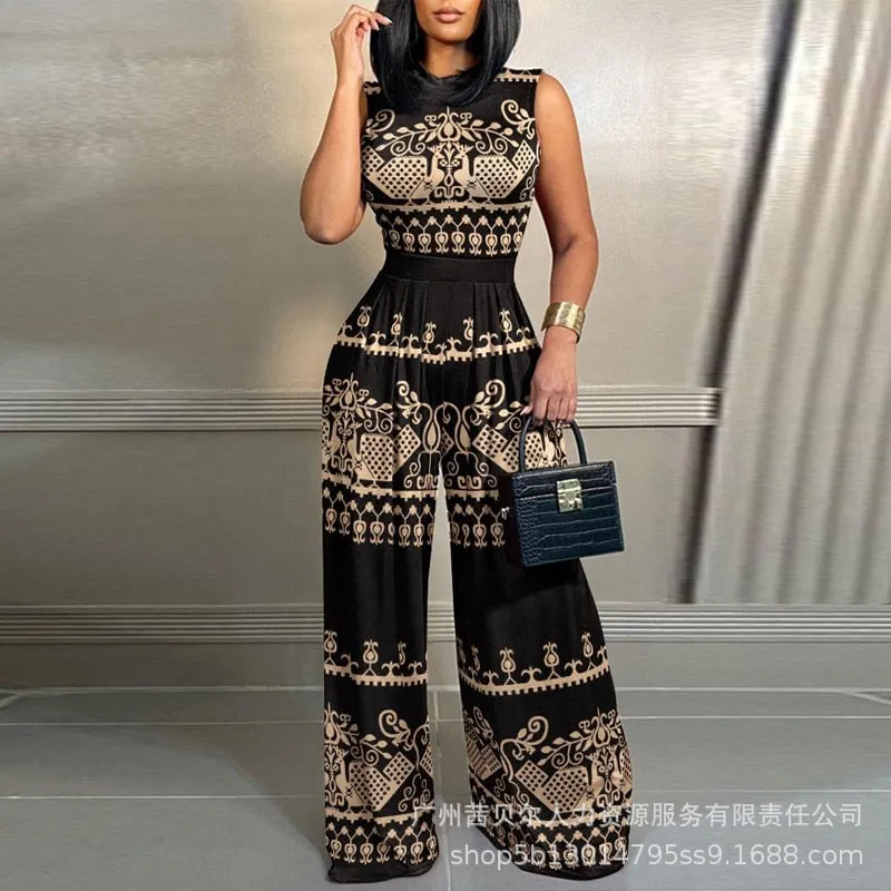 Geometric Print Sleeveless Wide Leg Jumpsuit Women Spring Summer O Neck High Waist Loose Pants Jumpsuits Overall