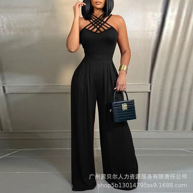 Geometric Print Sleeveless Wide Leg Jumpsuit Women Spring Summer O Neck High Waist Loose Pants Jumpsuits Overall