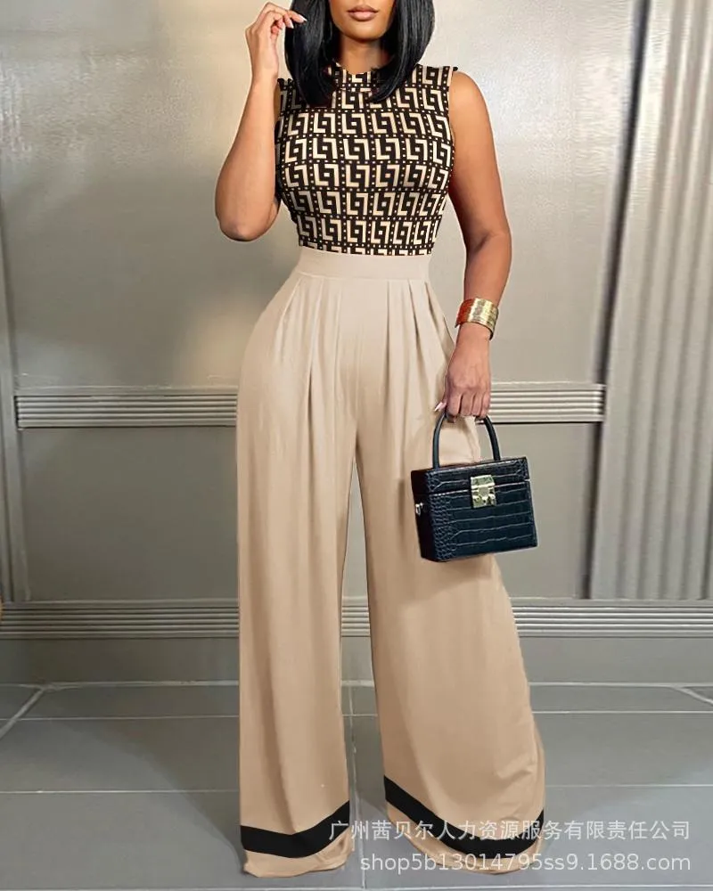 Geometric Print Sleeveless Wide Leg Jumpsuit Women Spring Summer O Neck High Waist Loose Pants Jumpsuits Overall