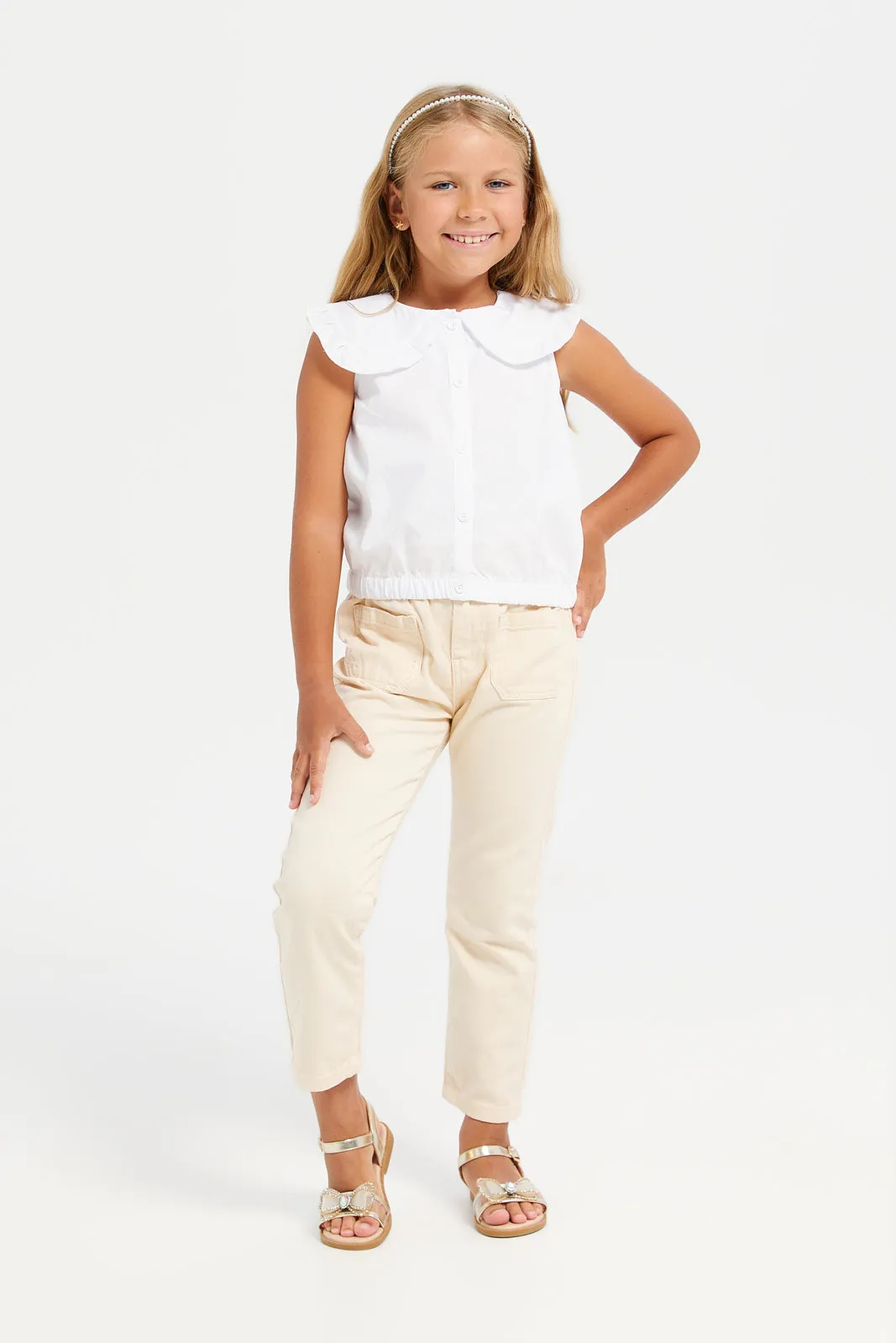 Girls Beige Straight Fit Trousers