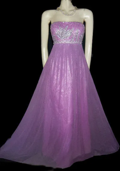 *GORGEOUS CAMILLE LA VIE SILVER SEQUINS & METALLIC THREAD BEADED EMPIRE-STYLE EVENING GOWN IN JUNGLE ORCHID